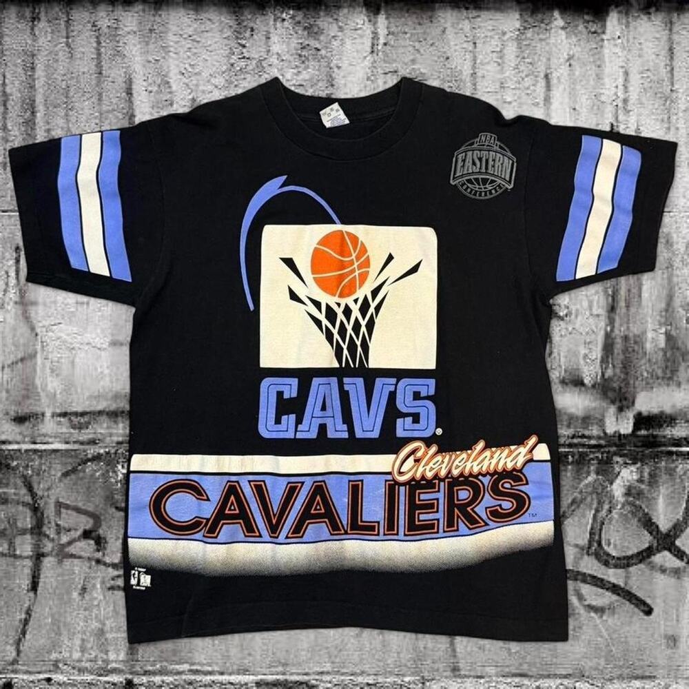 Vintage 90s Cleveland Cavaliers All Over Print T-Shirt - Large - Black NBA Salem